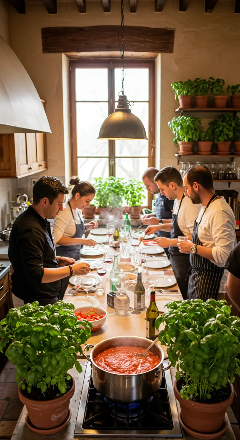Gezelschap kookt samen in een rustieke keuken vol potten met verse basilicum.