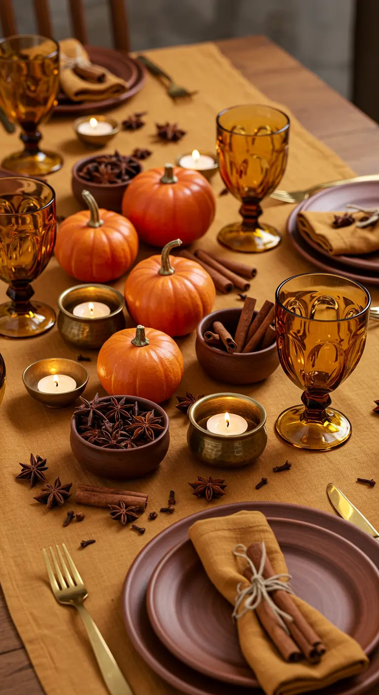 Herfsttafel met pompoenen, kaneel, steranijs en amberkleurige glazen.