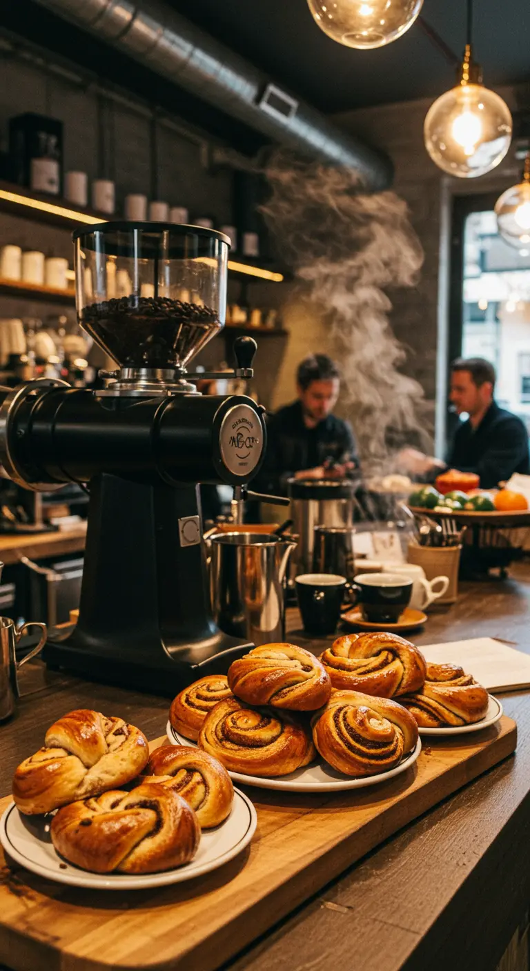 Barista-setting met een koffiemolen en een schaal versgebakken kaneelbroodjes.