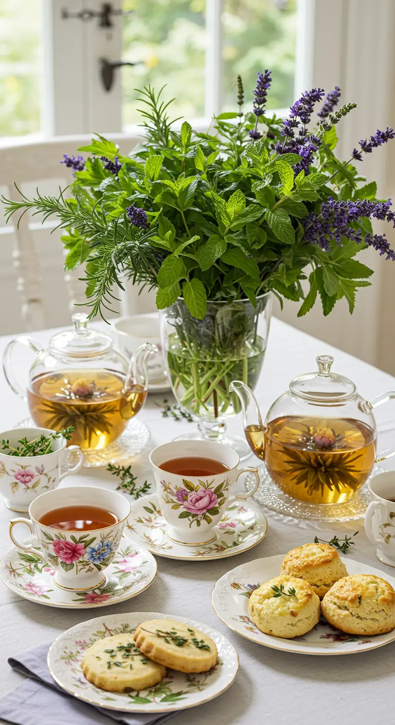 Theetafel met vintage servies, glazen theepotten en een groot boeket van verse kruiden.