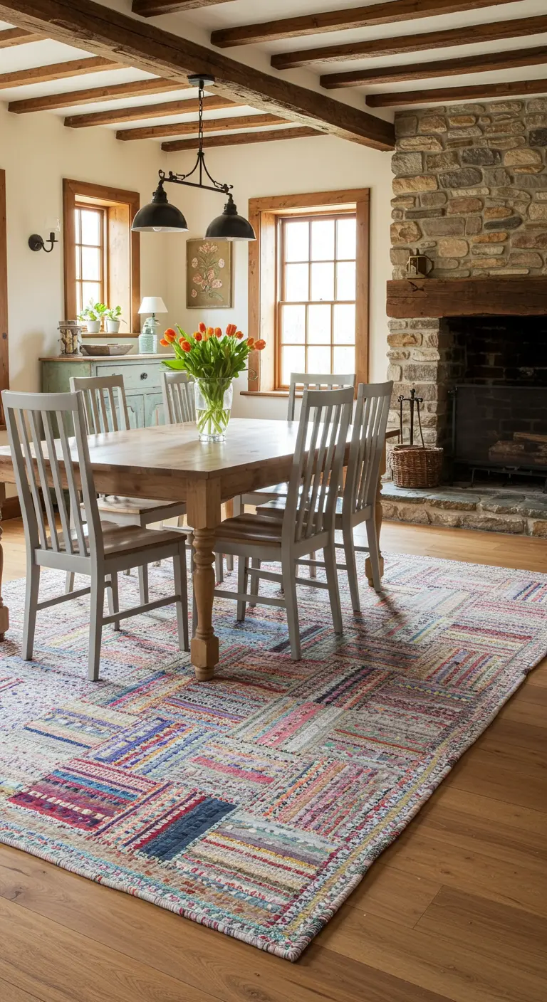 Rustieke eetkamer met stenen haard en houten balken, met een kleurrijk patchwork tapijt.