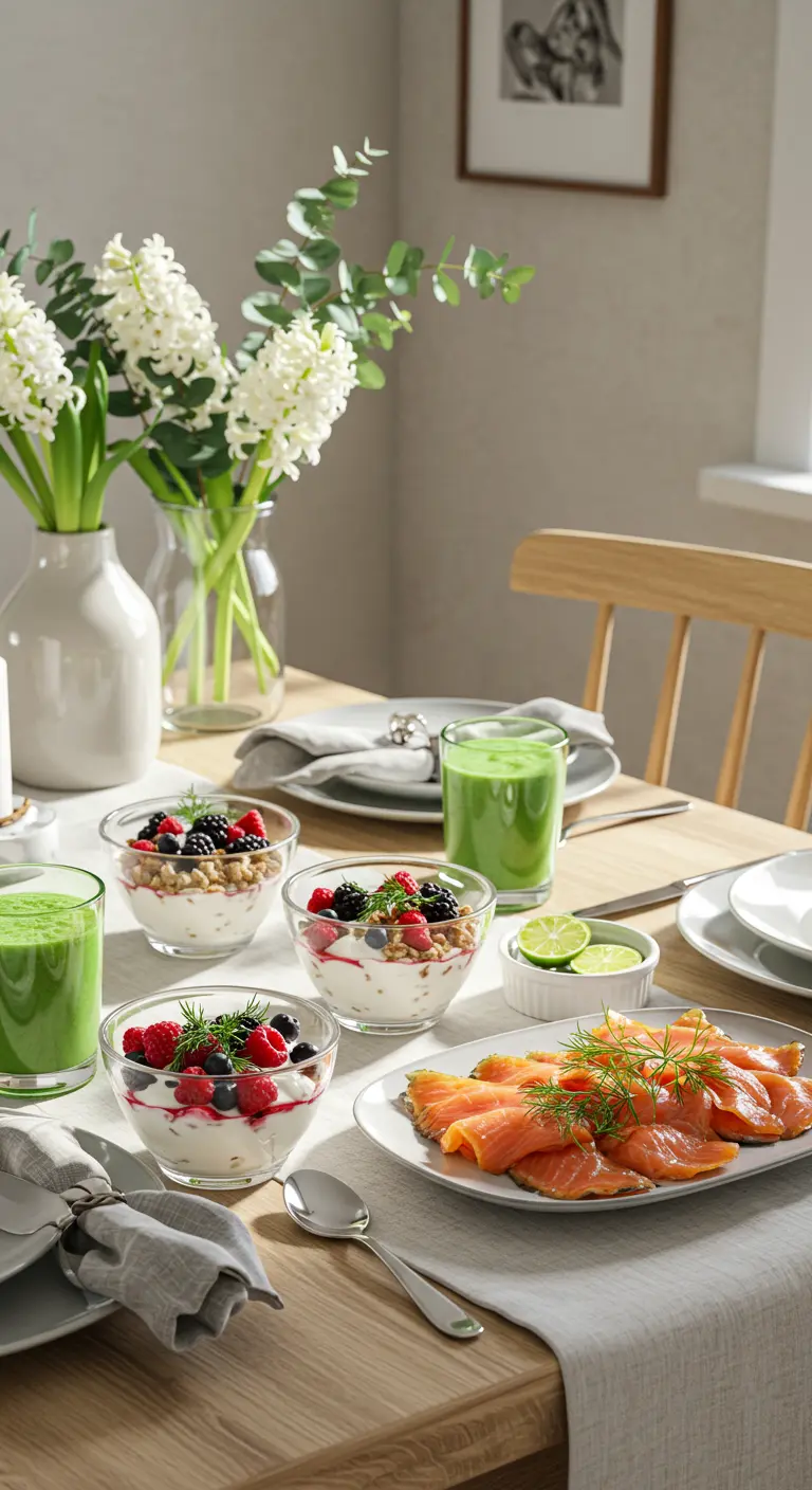 Brunchtafel met zalm, yoghurt met fruit, en groene smoothies.