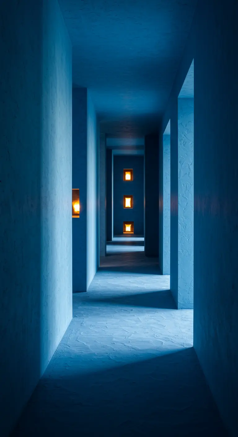 Lange, smalle gang met blauwe muren, sfeervol verlicht door kleine, warme lampjes op de muur.