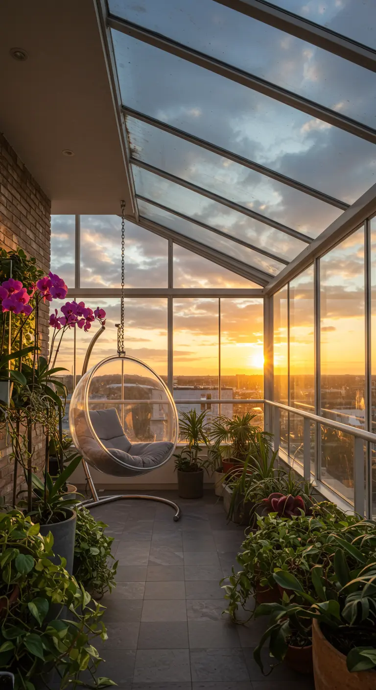 Transparante 'bubble' hangstoel in een serre vol planten met glazen dak.