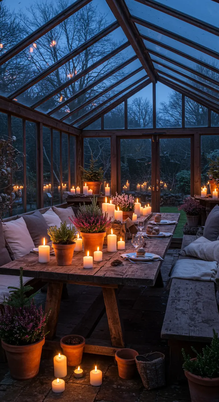 Sfeervol verlichte glazen kas met een lange houten eettafel vol kaarsen en planten.