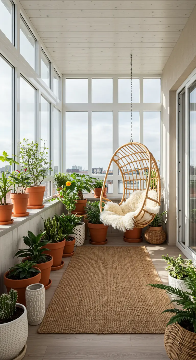 Lichte serre met een rotan hangstoel, veel planten in potten en een jute kleed.