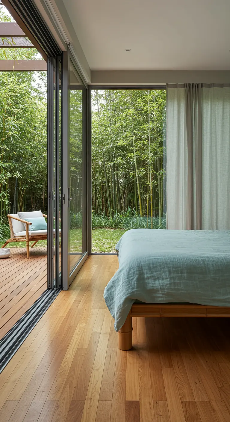 Moderne slaapkamer met een glazen schuifpui die uitkijkt op een bamboetuin.