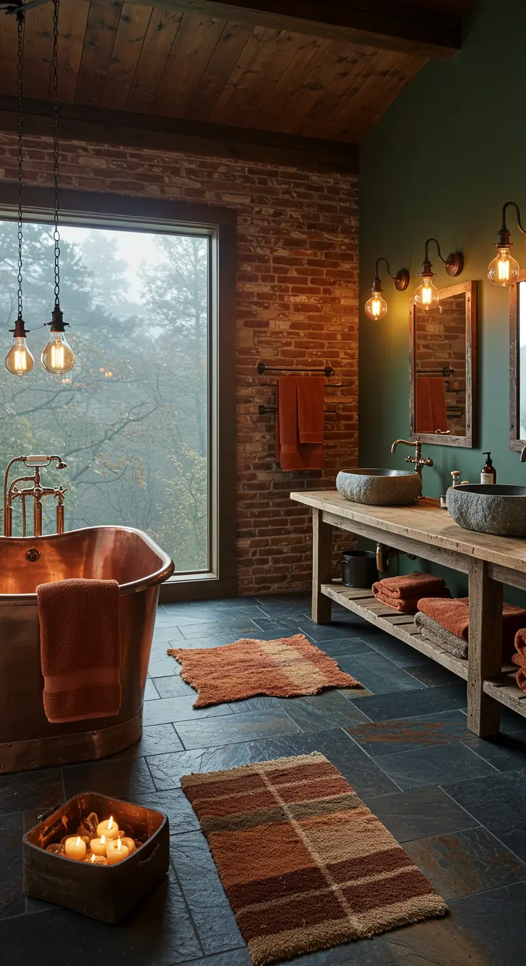 Rustieke badkamer met koperen bad, bakstenen muur en bosgroene accentmuur.