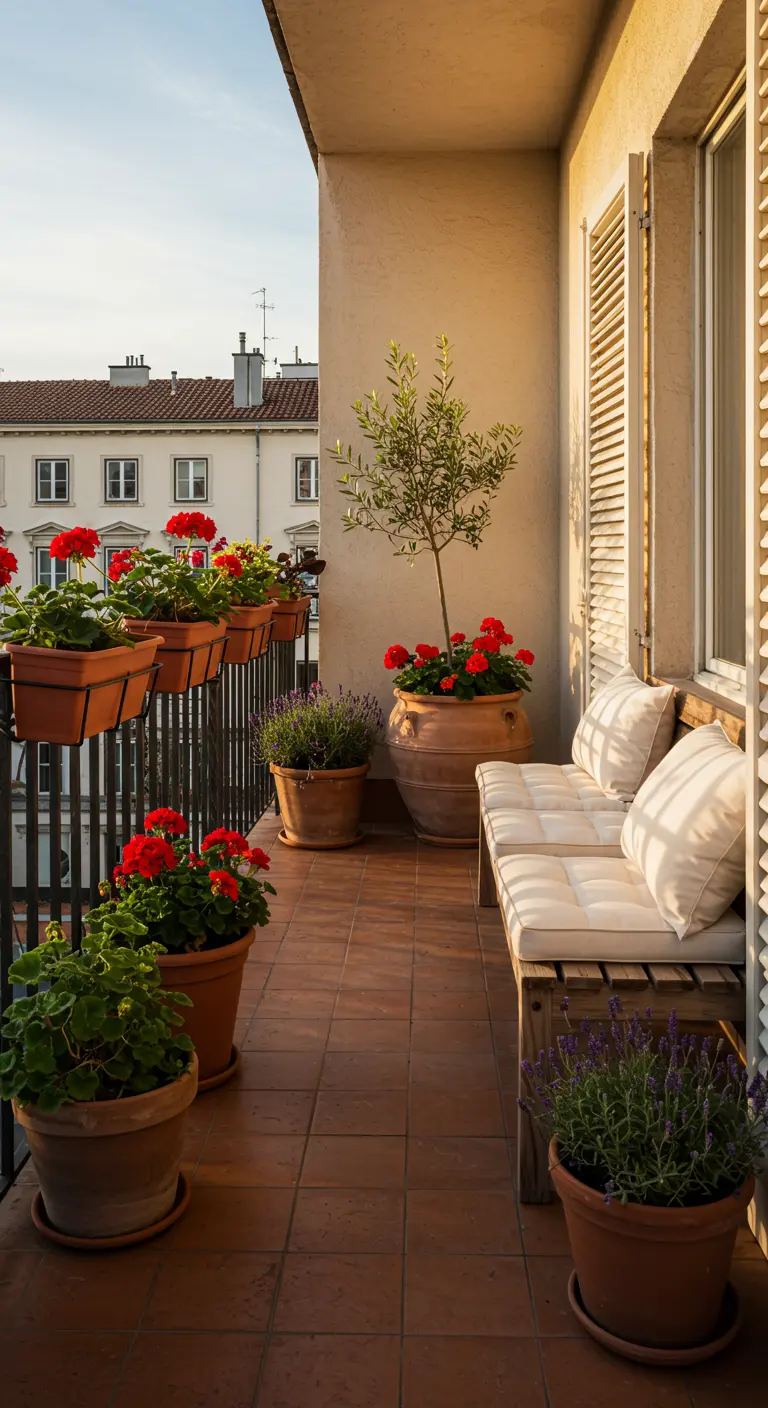 Zonnig balkon met terracotta potten vol rode geraniums, een olijfboom en een houten bankje.