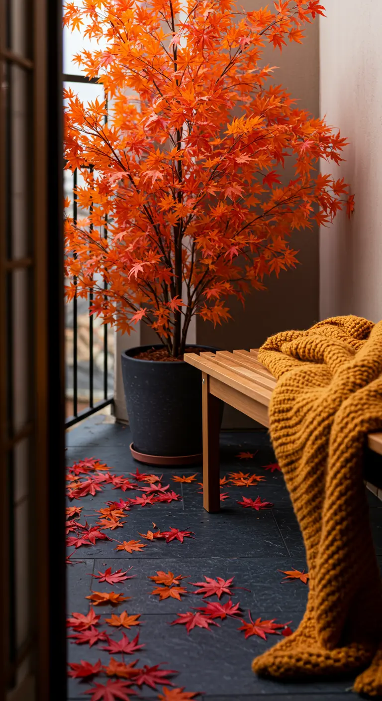 Balkon in herfstsfeer met een oranje esdoorn en een warmgeel plaid.