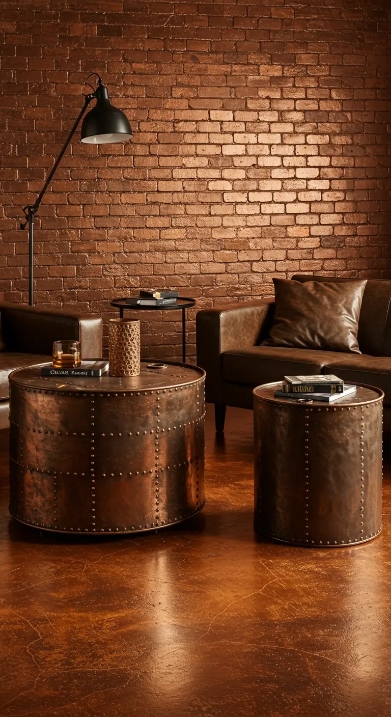 Warme industriële woonkamer met koperkleurige bakstenen muur en metalen salontafels.