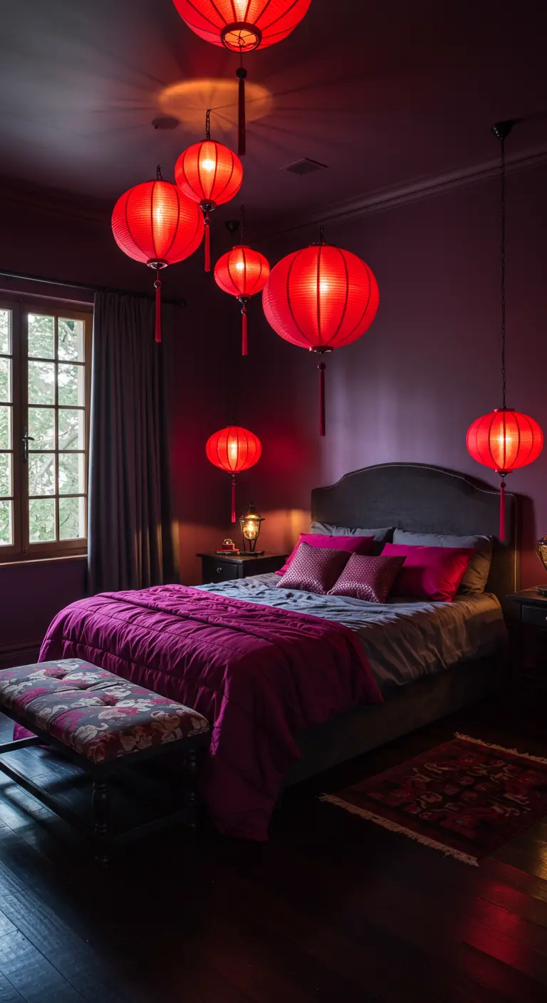 Donkere slaapkamer met rode lampionnen die boven het bed hangen en roze textiel.