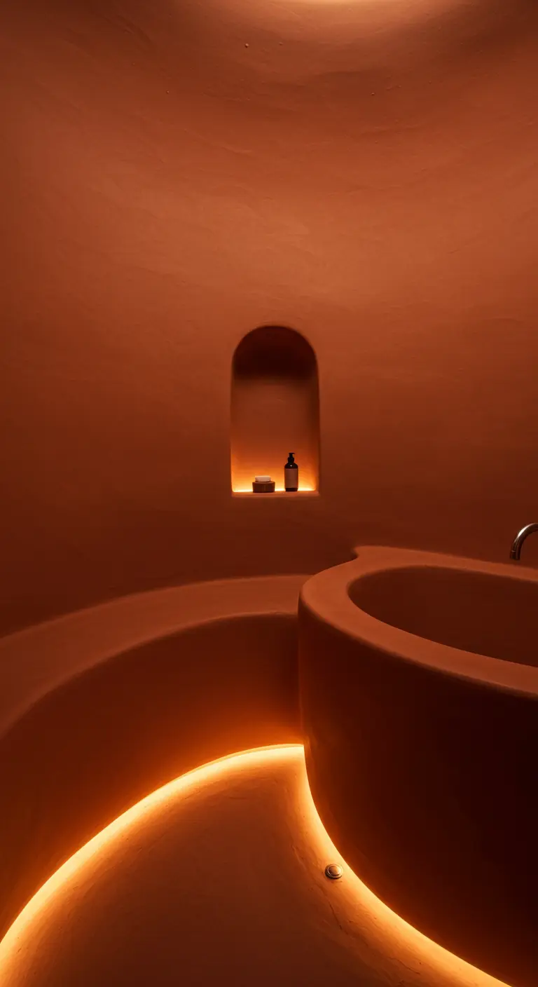 Terracotta badkamer met organische vormen en een warme gloed van een verborgen LED-strip.