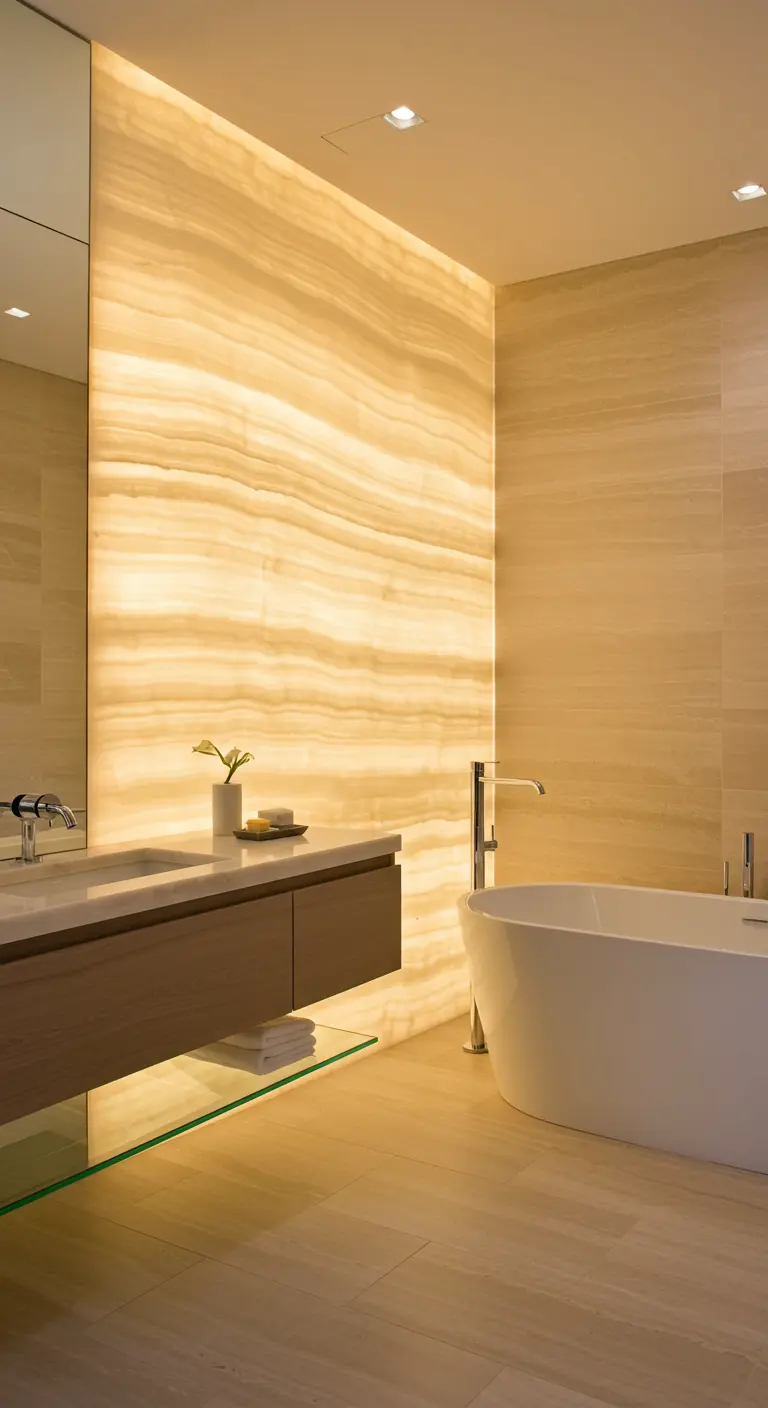 Badkamer met een grote, van achteren verlichte wand van onyx-marmer die warm gloeit.