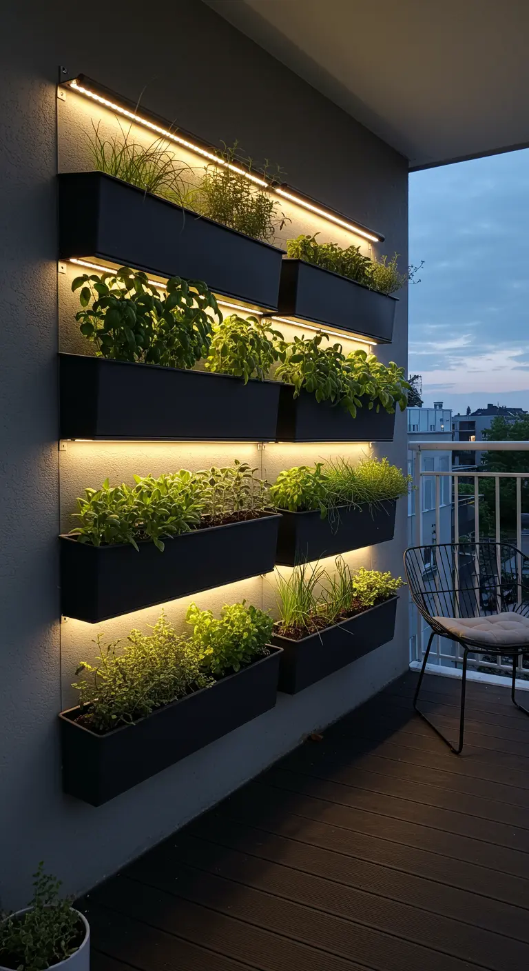 Moderne, verticale kruidentuin tegen een muur met LED-verlichting achter elke rij bakken.