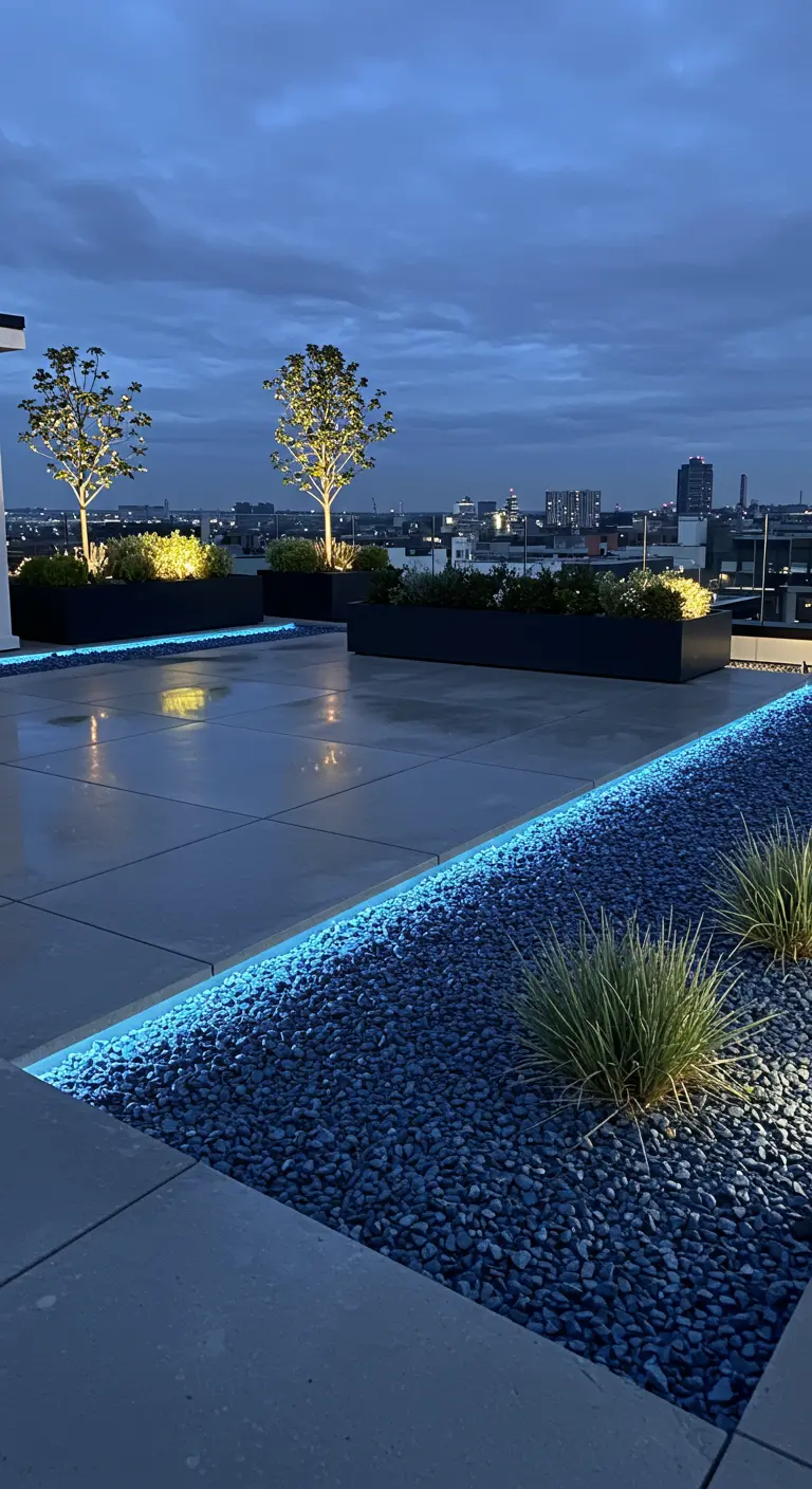 Dakterras 's nachts, met een border van grind die verlicht wordt door een blauwe LED-strip.