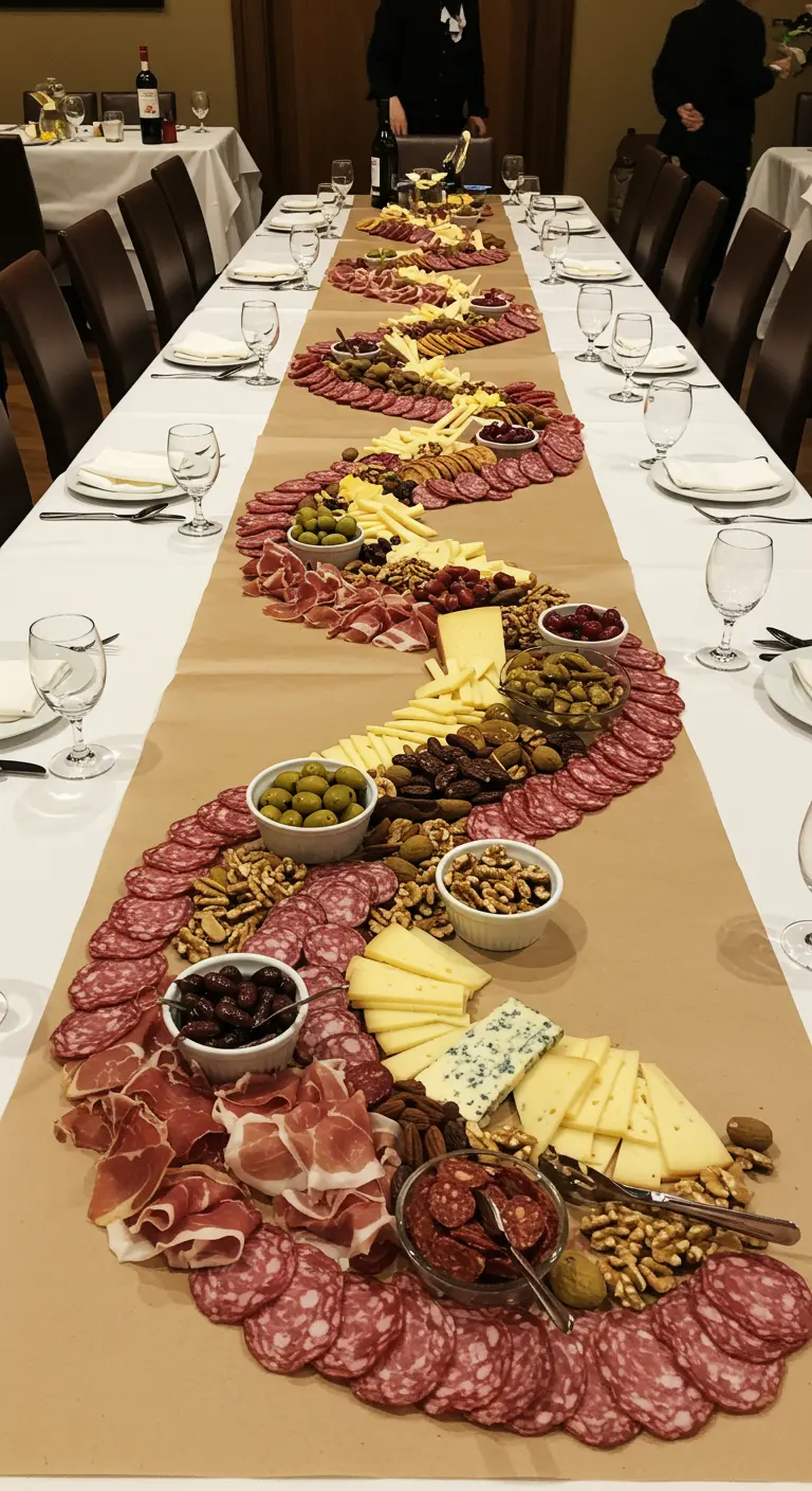 Lange eettafel met een 'grazing runner' van vleeswaren, kazen en noten op kraftpapier.
