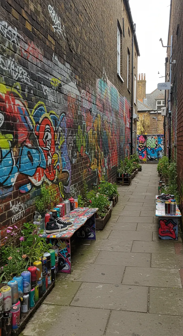 Smalle steeg omgetoverd tot een galerij met kleurrijke graffiti en creatieve zitjes