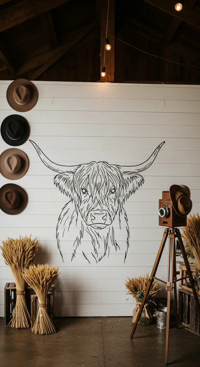 Witte houten muur met een lijntekening van een Schotse hooglander.
