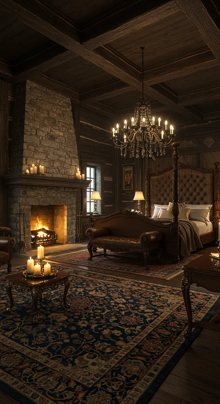 Grote, luxe slaapkamer met stenen haard, kroonluchter en een hoog gecapitonneerd bed.