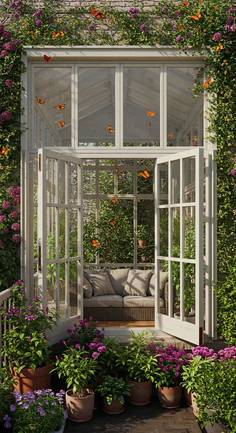 Openstaande deuren van een glazen serre naar een balkon vol met paarse en roze vlinderplanten.