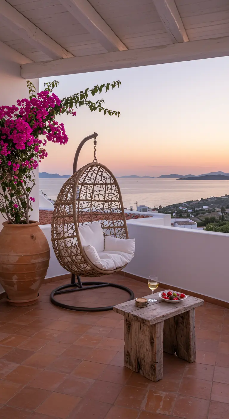 Rotan hangstoel op een mediterraan balkon met bougainvillea en zeezicht.