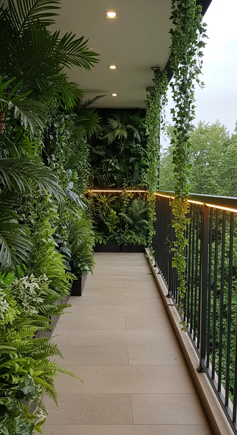 Lang, smal balkon met groene wanden en een LED-strip onder de reling voor sfeerverlichting.