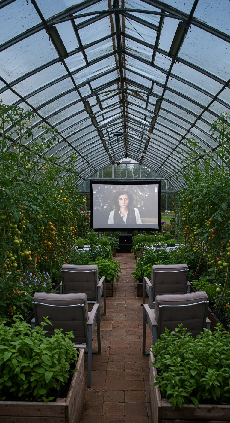Buitenbioscoop in een kas, met stoelen opgesteld tussen de tomatenplanten.