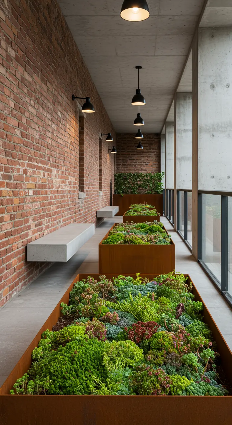 Smal balkon met bakstenen muur en cortenstaal plantenbakken vol vetplanten.