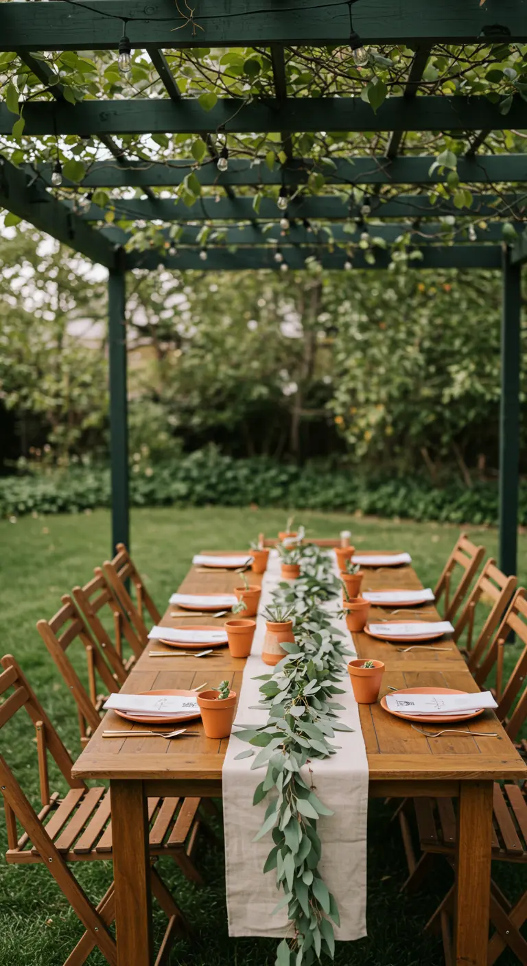 Lange houten tuintafel met een loper van eucalyptustakken en kleine terracotta potjes.