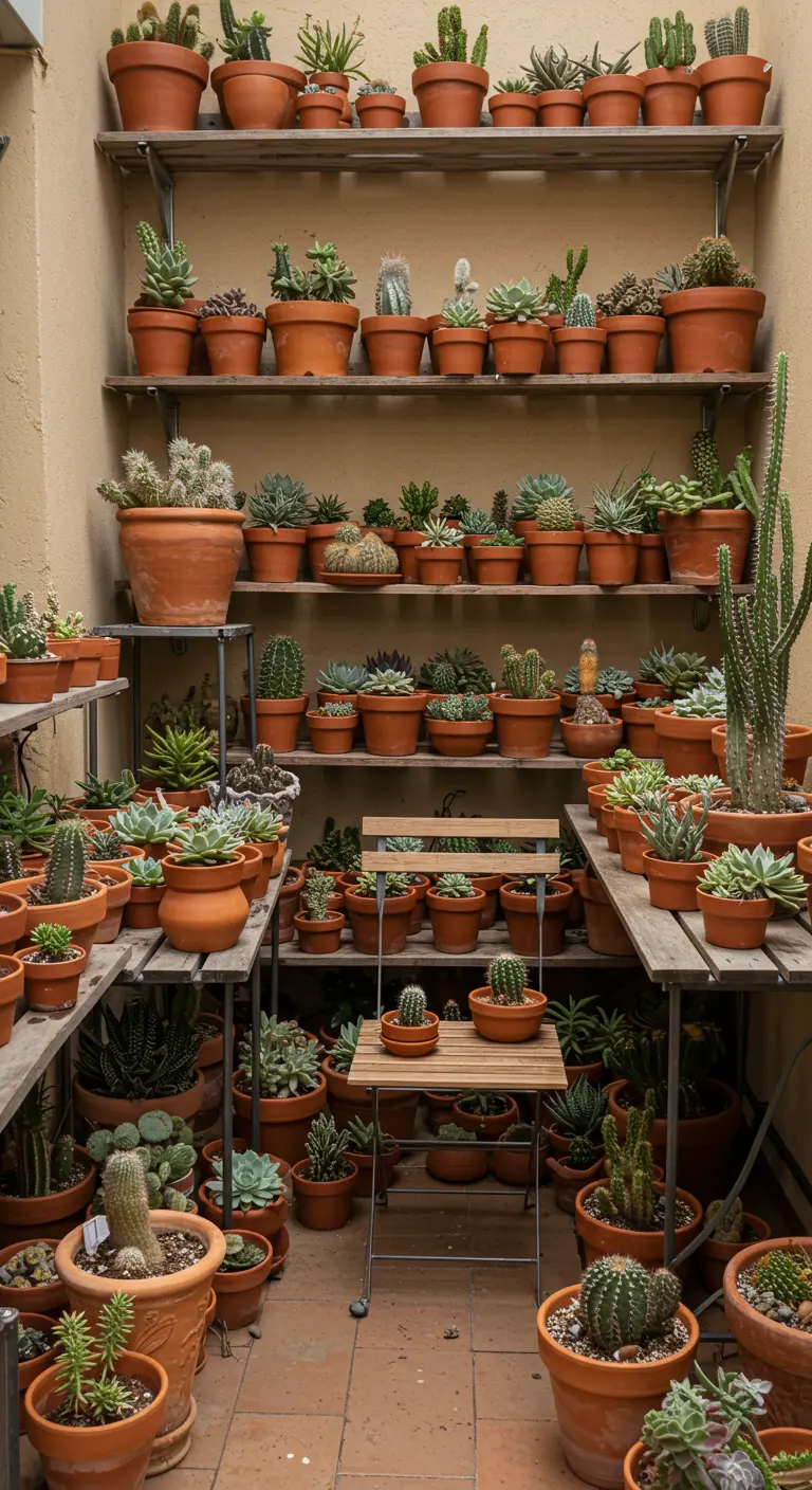 Nis gevuld met planken vol terracotta potten met cactussen en vetplanten.