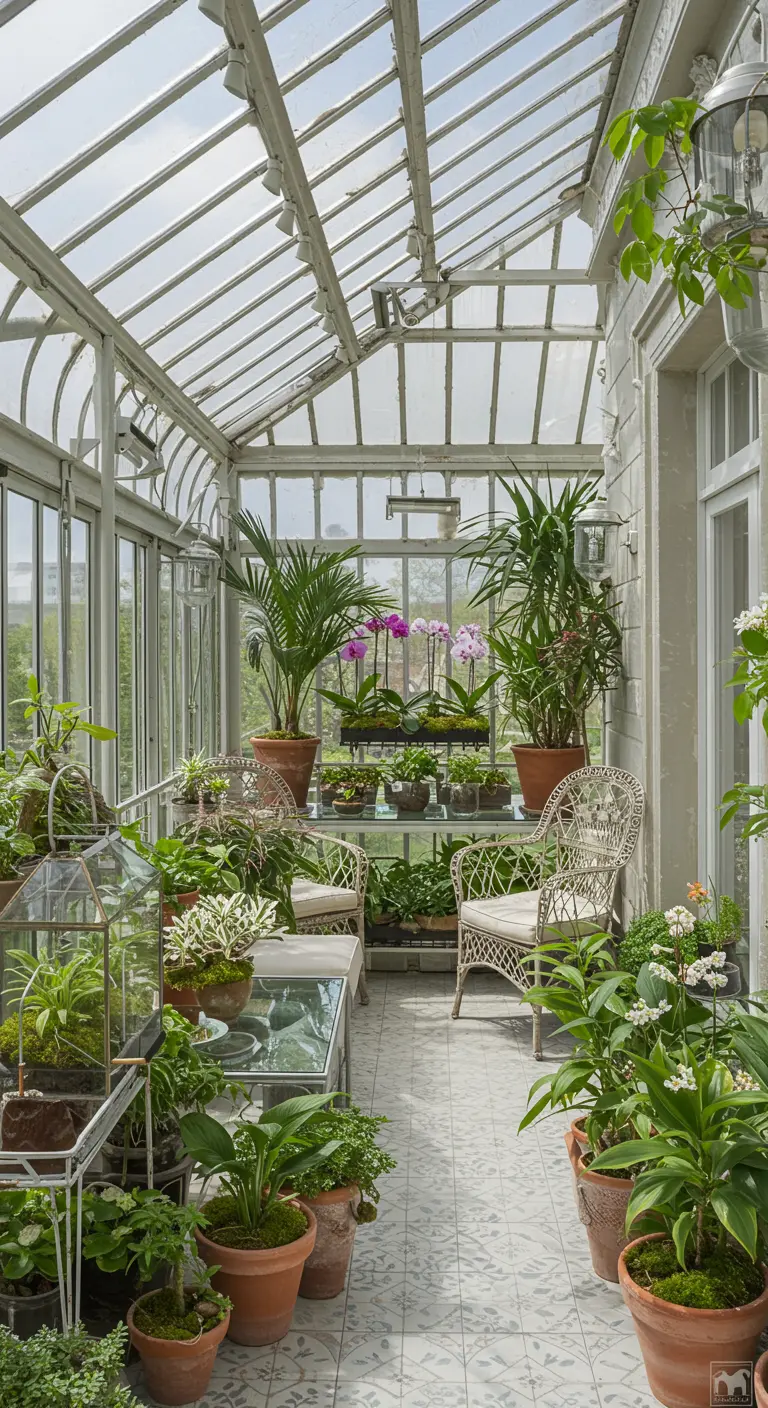 Grote serre vol planten in potten, met een witte rieten zithoek en glazen dak.