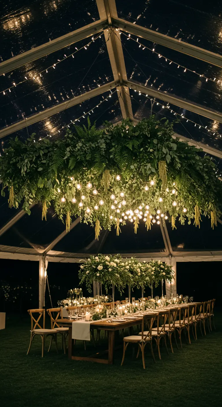Grote hangende installatie van groen en lampjes boven een lange dinertafel in een tent.