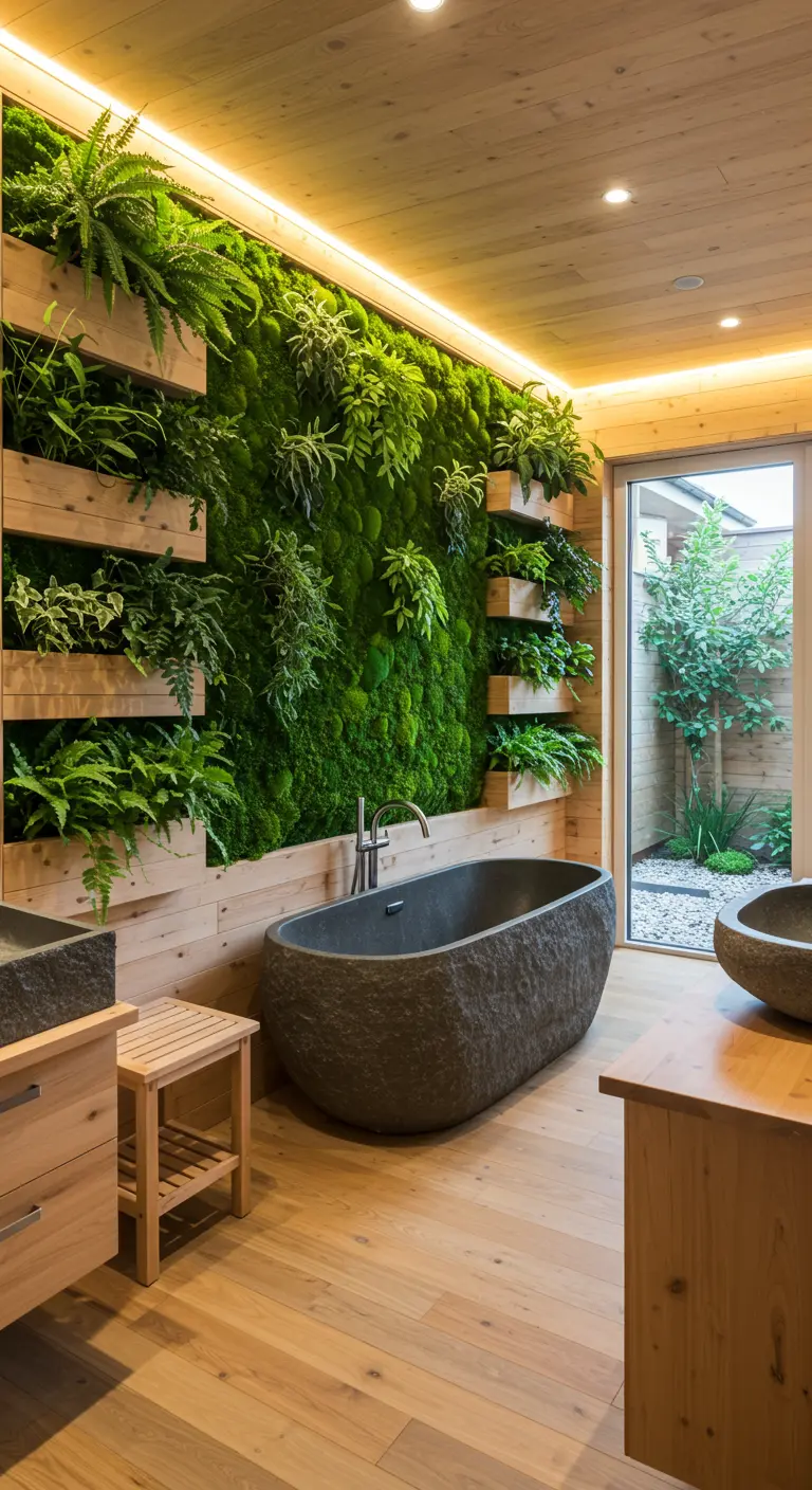 Badkamer met groene verticale tuinmuur, houten meubels en stenen badkuip.
