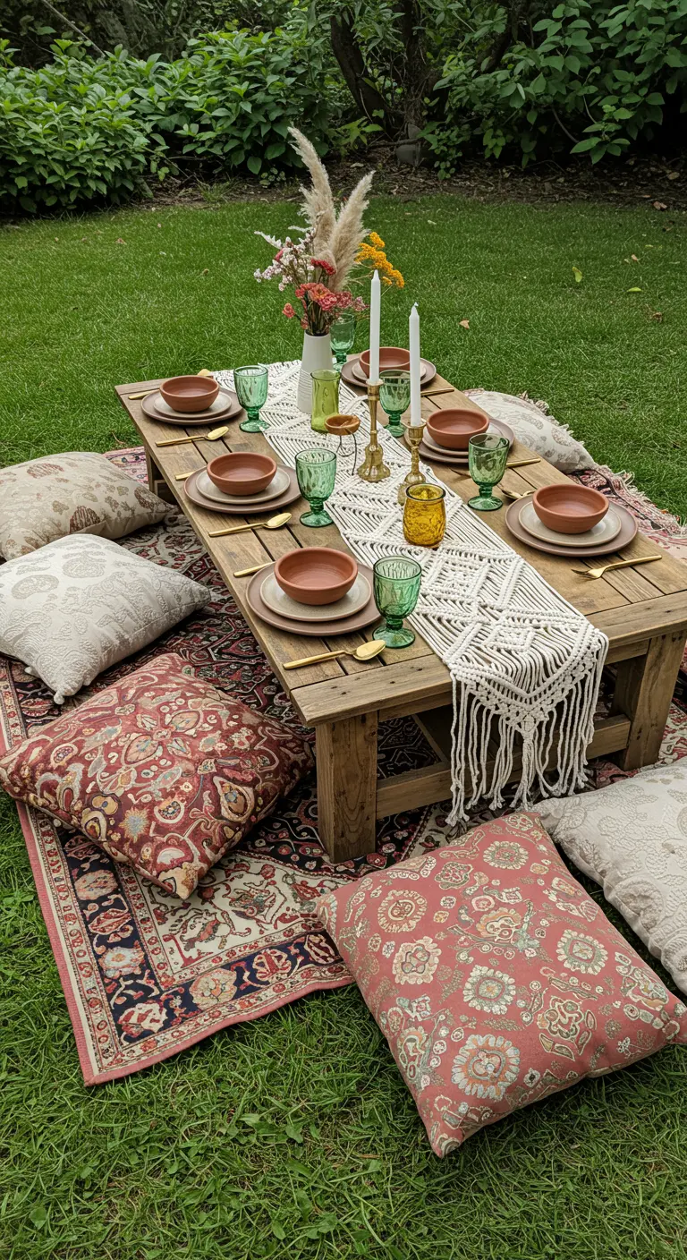 Bohemian picknick met een lage houten tafel, kussens en aardewerken servies.