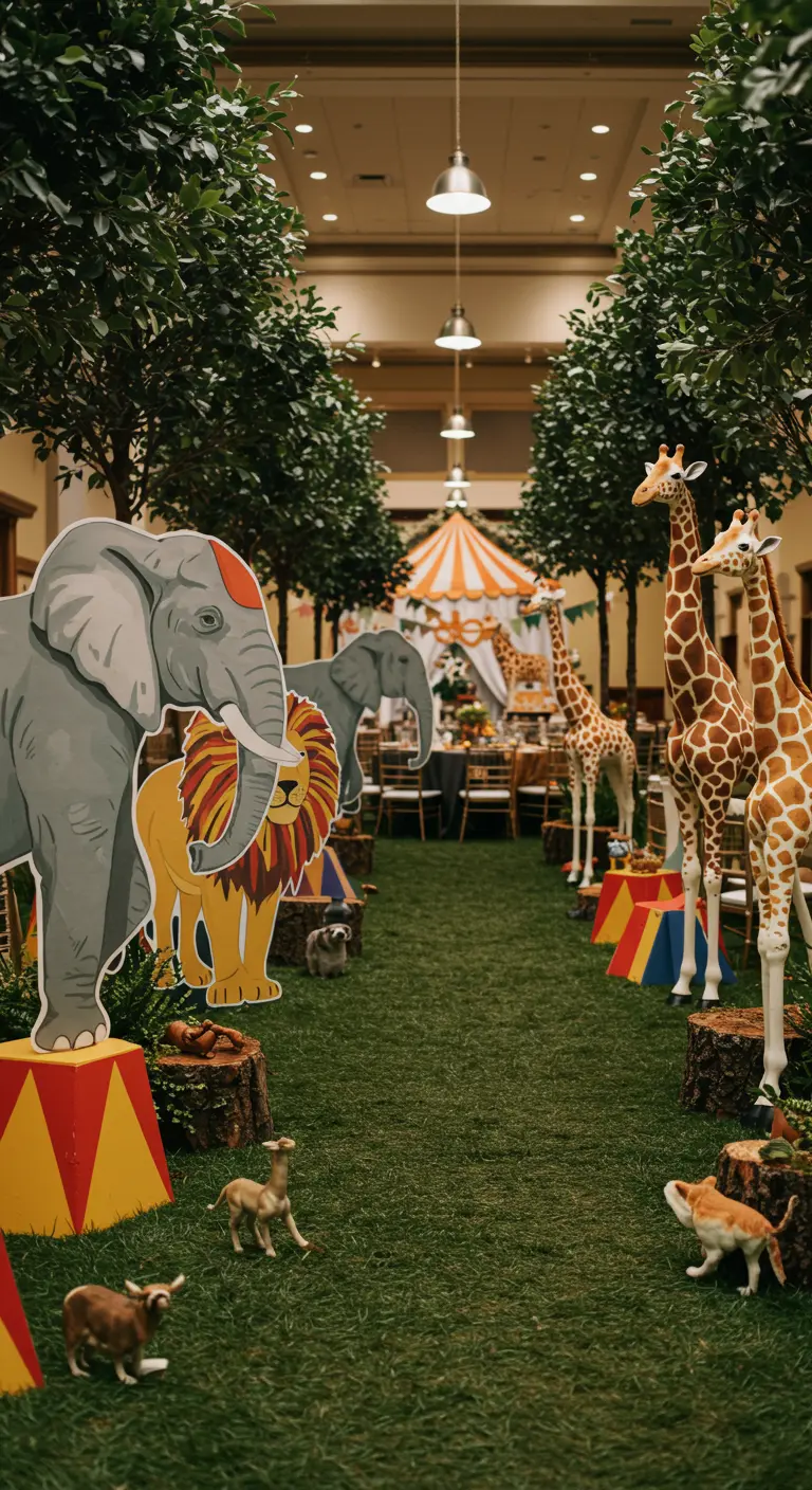 Indoor feest met een pad geflankeerd door grote kartonnen circusdieren.