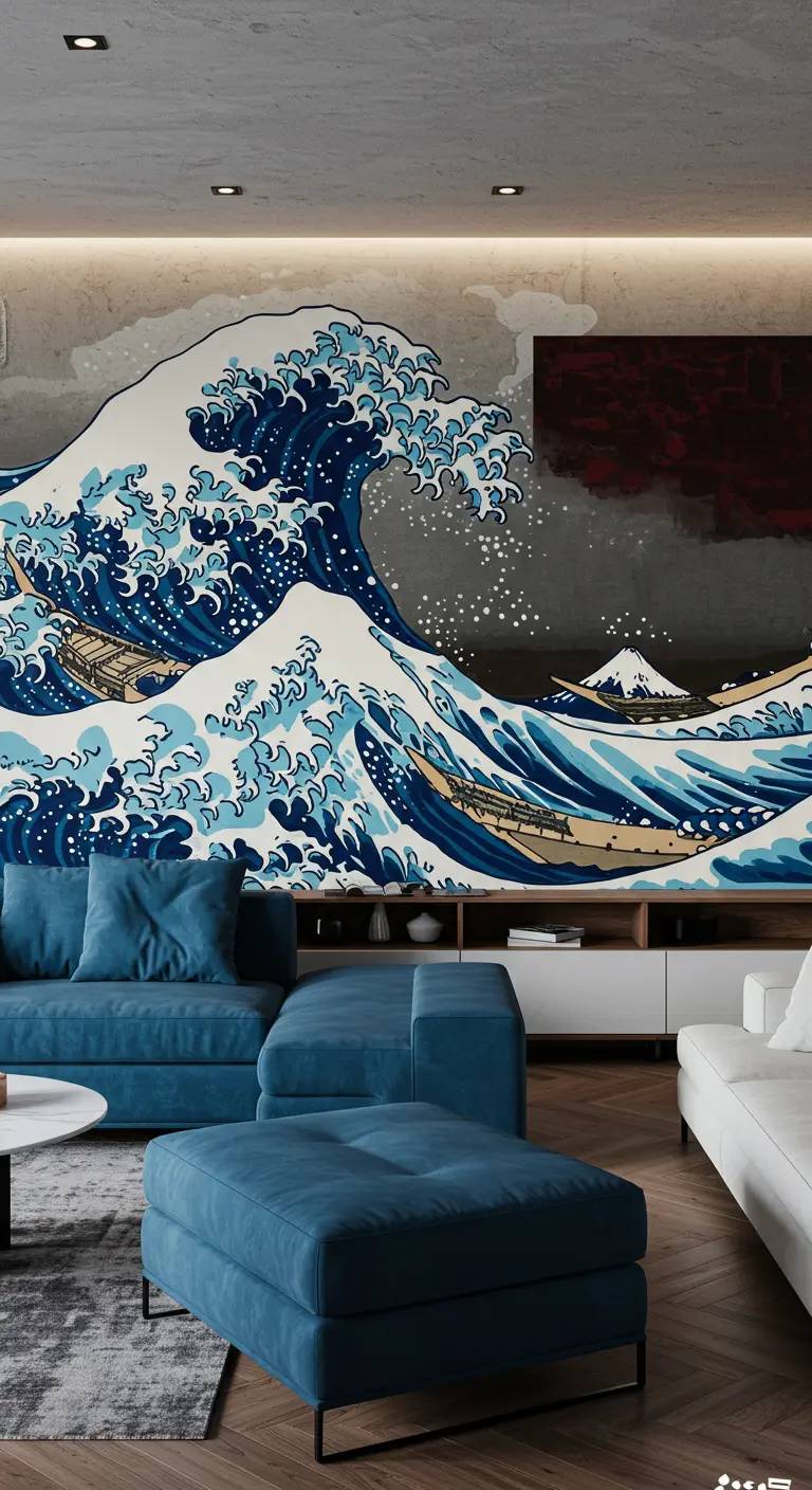 Moderne woonkamer met een grote muurschildering van Hokusai's De Grote Golf en blauwe bank