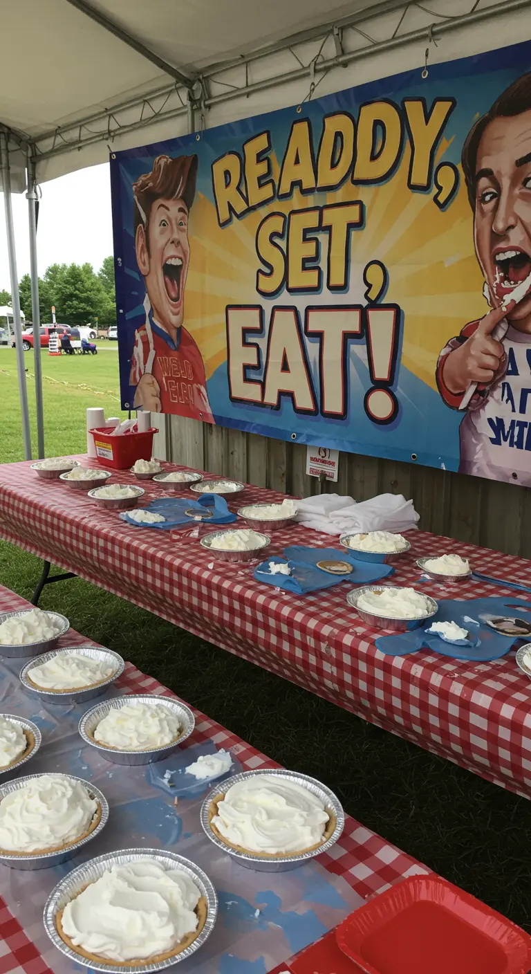 Tafel vol met slagroomtaarten voor een taart-eetwedstrijd op een kermis.