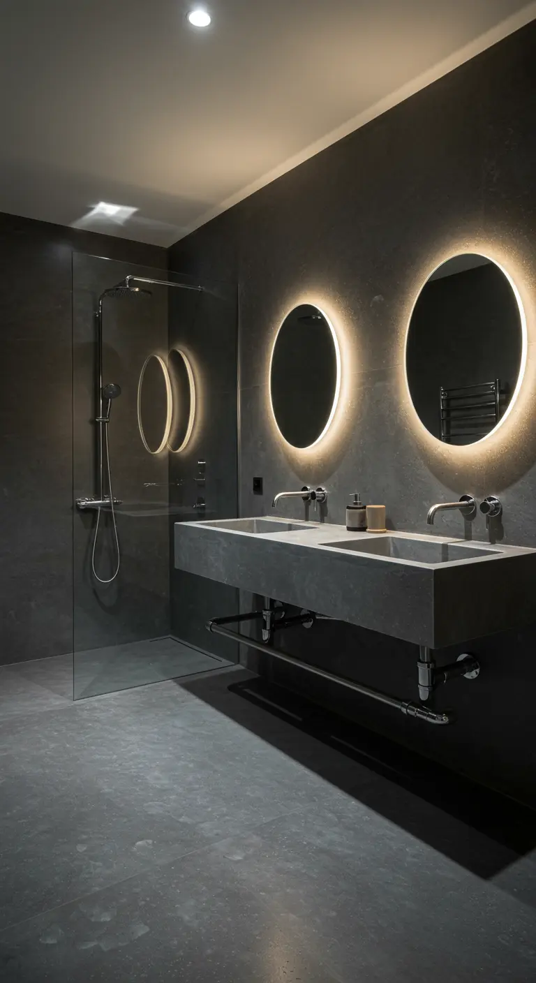 Donkere betonciré badkamer met een zwevende wastafel en twee ronde spiegels met verlichting.