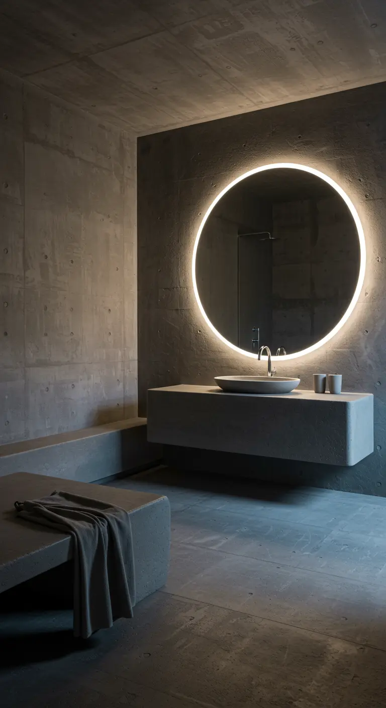Minimalistische badkamer van beton met een grote, ronde spiegel met achtergrondverlichting.