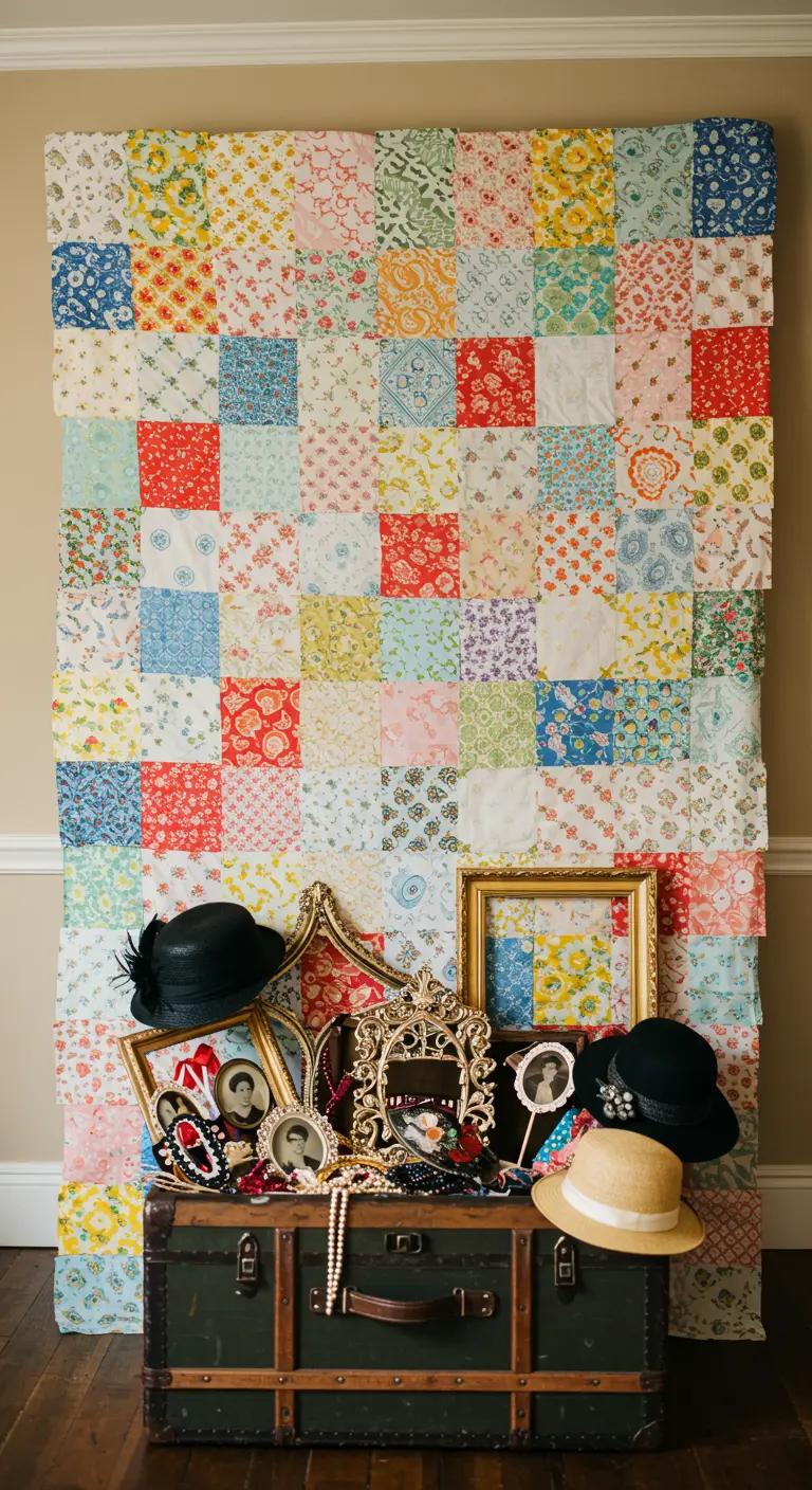 Photobooth-hoek met een grote, kleurrijke quilt als achtergrond en een koffer met props.