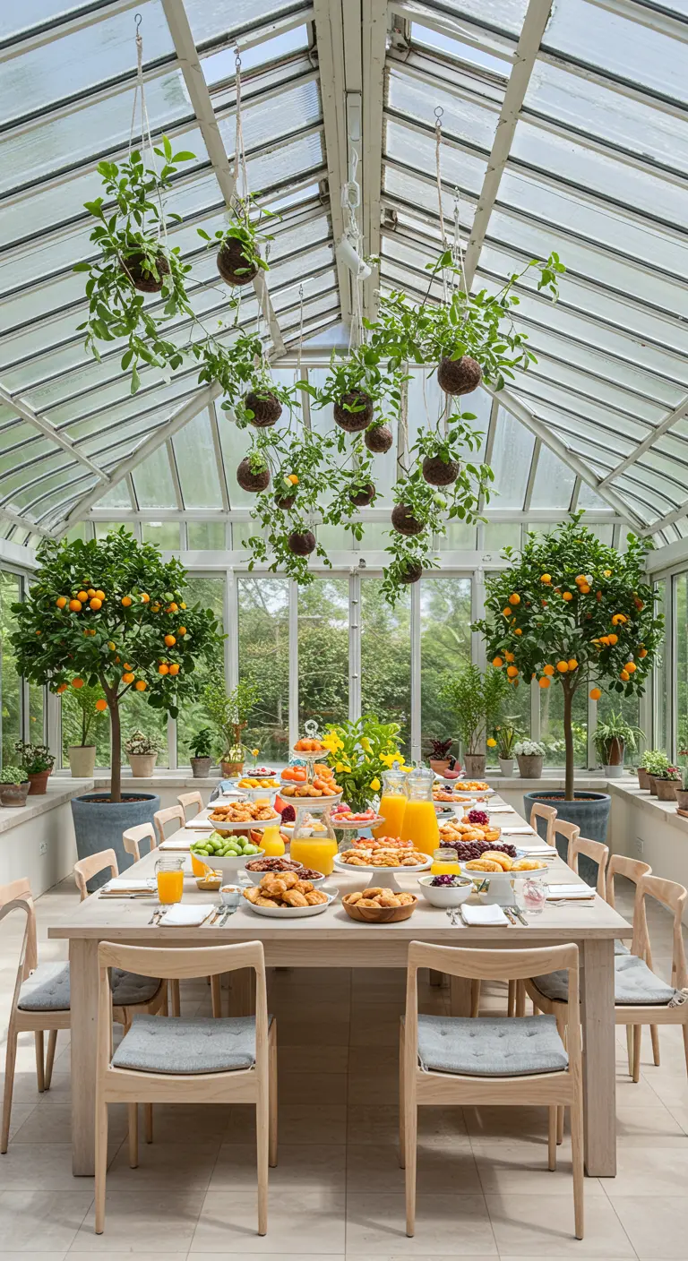 Lange eettafel in een glazen serre met hangende planten en citrusbomen.