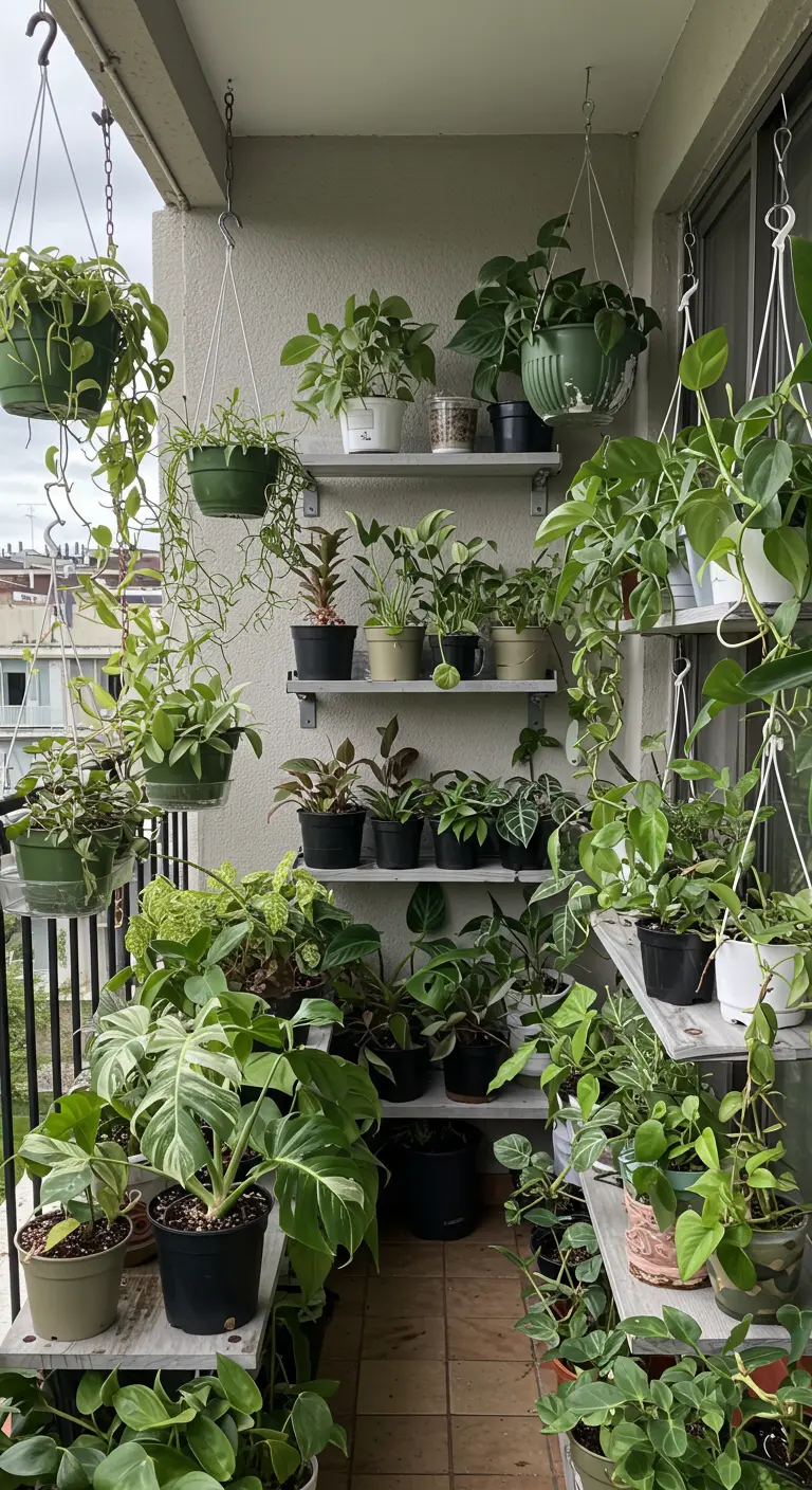 Balkon vol hangende en staande planten op planken en aan het plafond.