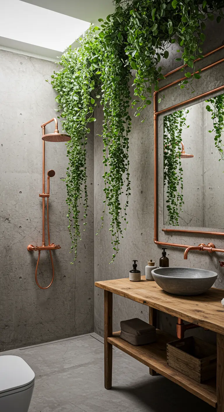 Betonnen badkamer met koperen douche en kranen, waar planten vanaf het plafond naar beneden hangen.
