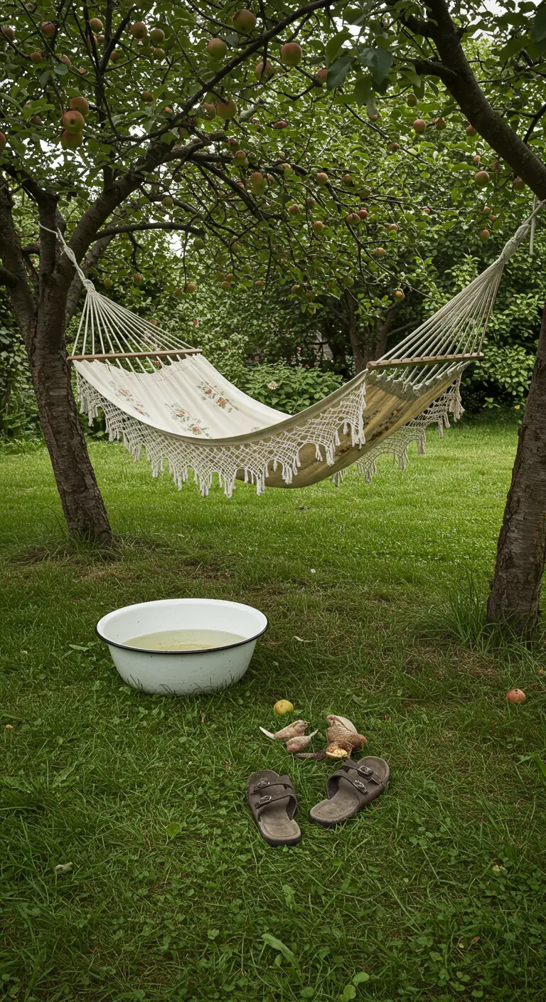 Hangmat met bloemenprint en macramé tussen twee fruitbomen, met een emaille teil eronder.