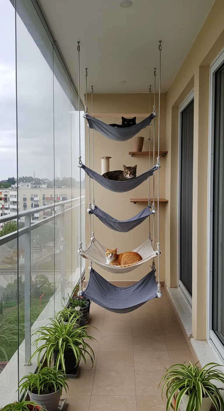 Vier katten rusten in hangmatten die in etages boven elkaar hangen.