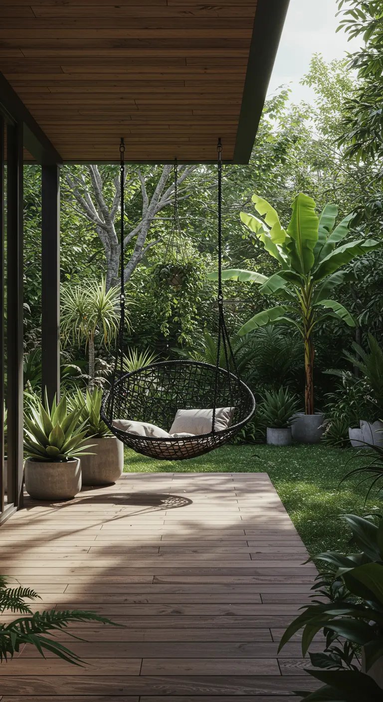 Zwarte hangstoel hangend onder een moderne overkapping, op de grens van een houten vlonder en een weelderige tuin.