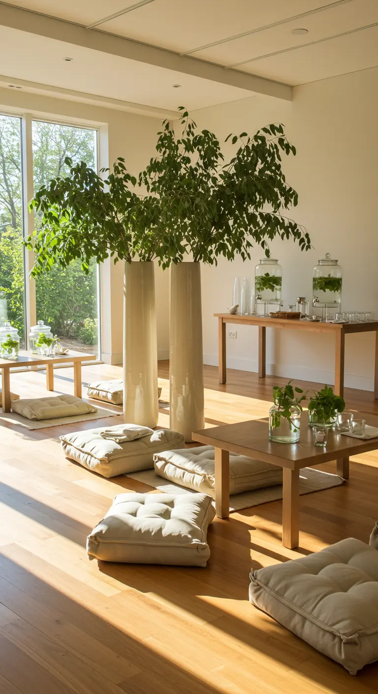 Minimalistische ruimte met lage tafels en grote witte vazen met groene takken.