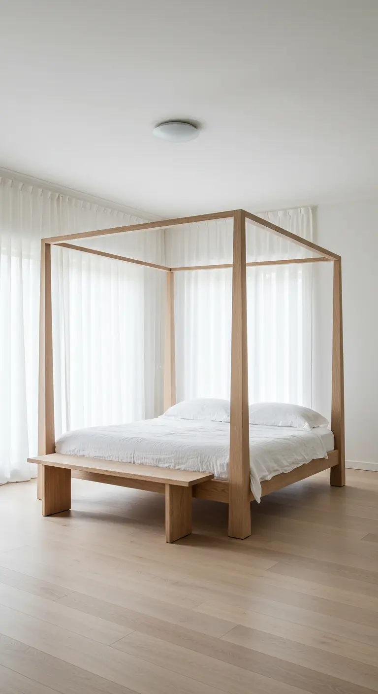 Slaapkamer met houten vierposterbed, wit beddengoed, lichte vloer en witte gordijnen.