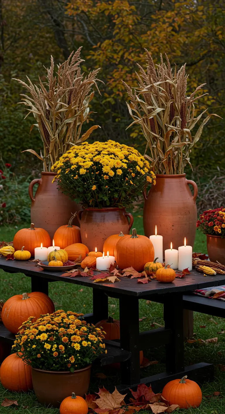 Herfstachtige tafel gedecoreerd met pompoenen, maïs, chrysanten en kaarsen.